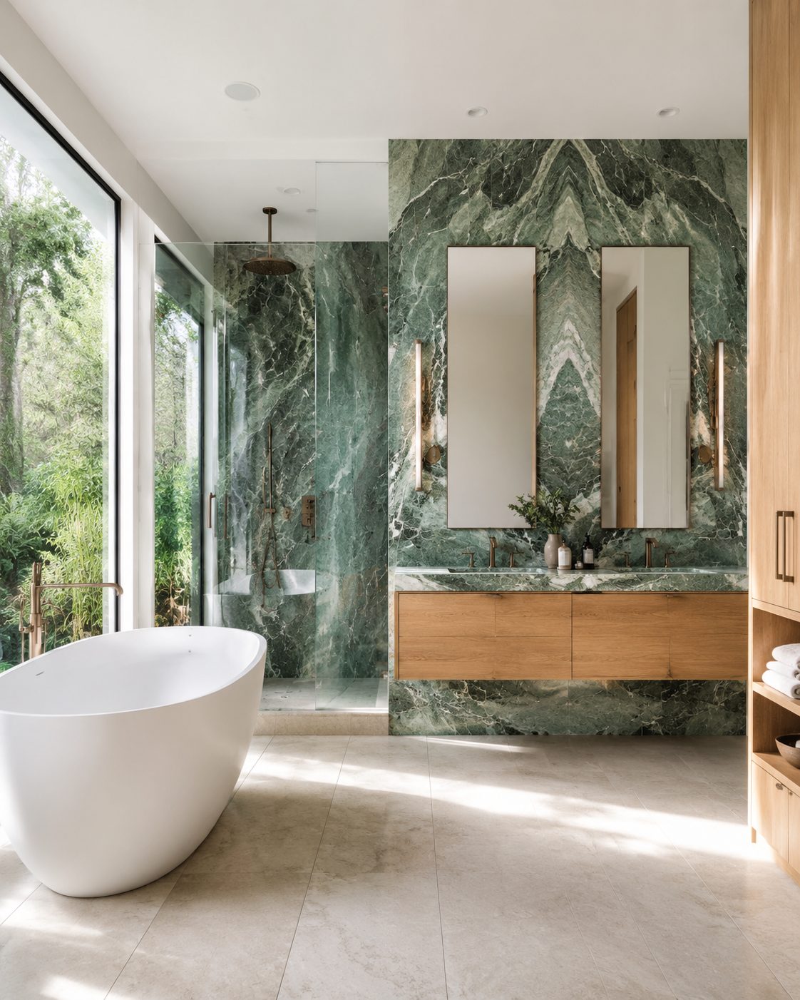 Baño con revestimiento de mármol verde y bañera exenta