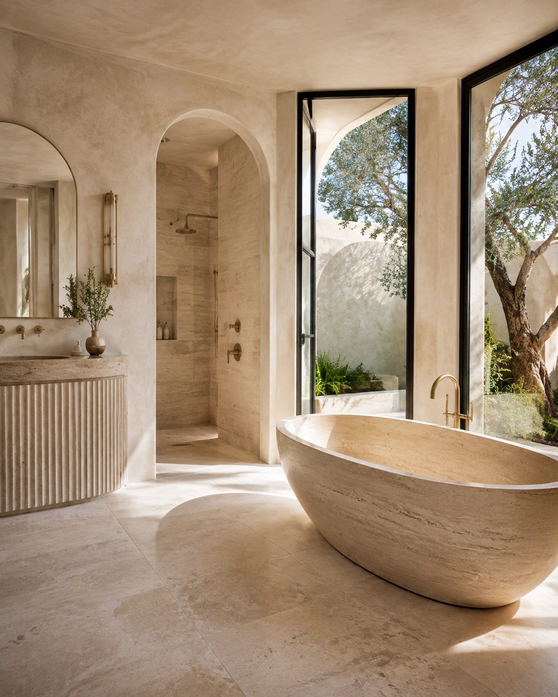 Baño de travertino con bañera de piedra