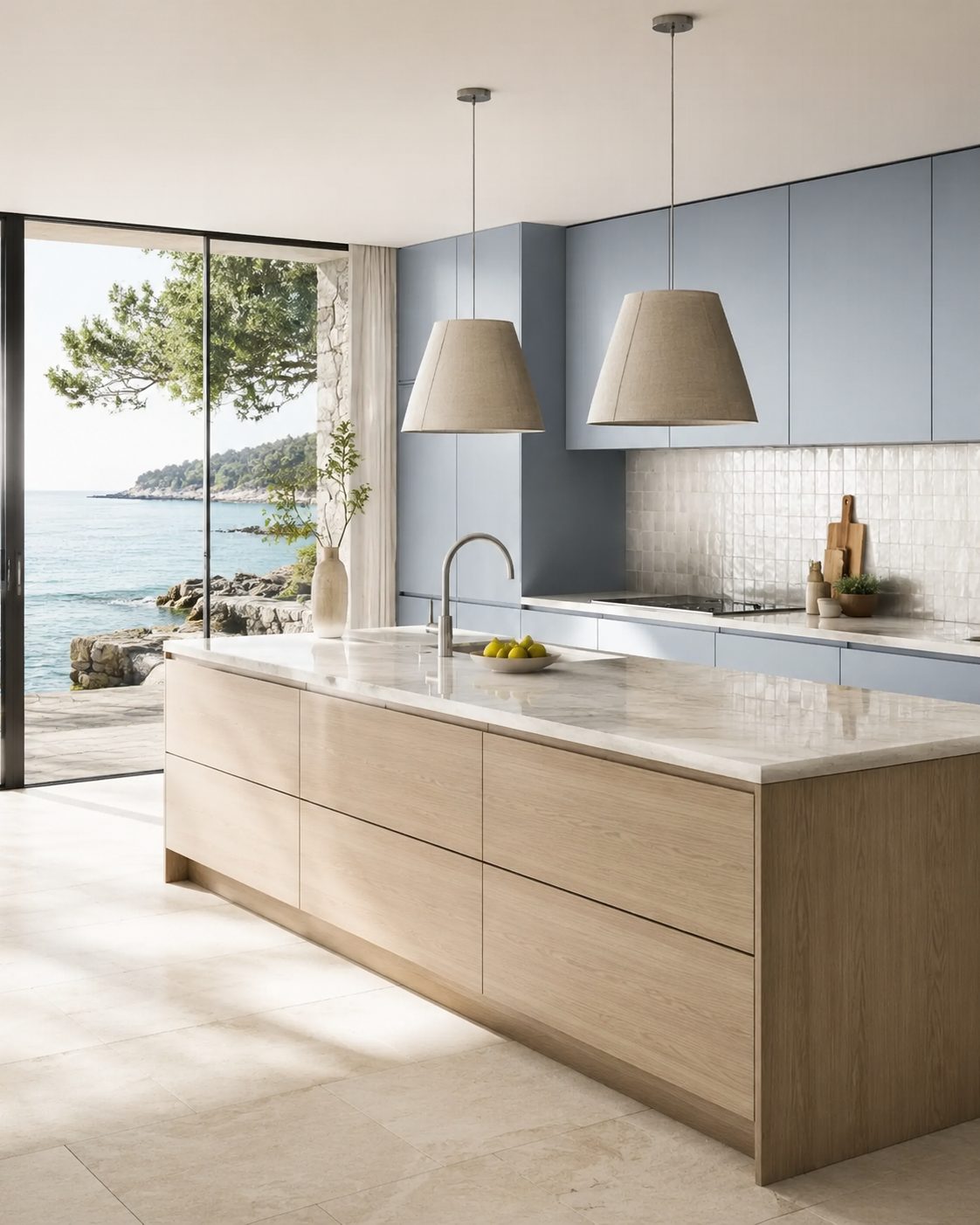 Cocina con isla de madera clara frente al mar