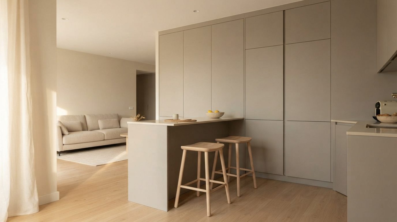 Cocina blanca con isla abierta al salón