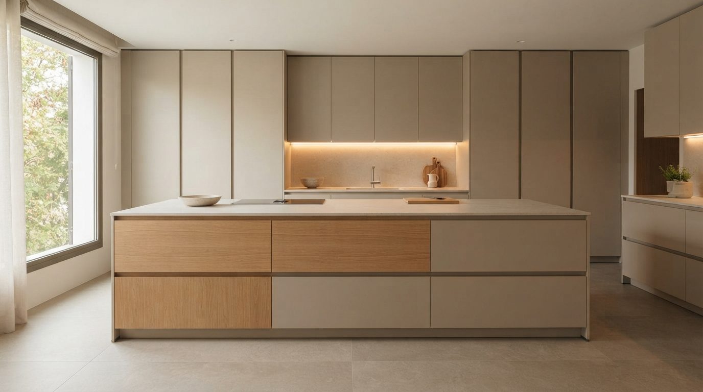 Cocina con isla de madera y encimera de piedra