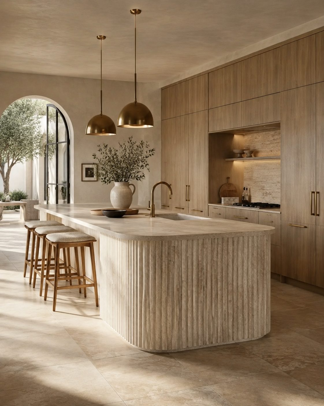 Cocina con isla curva de travertino