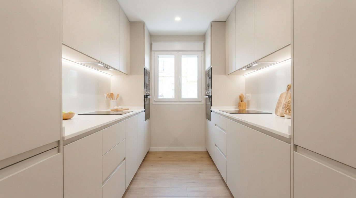 Cocina en línea con frentes blancos sin tiradores