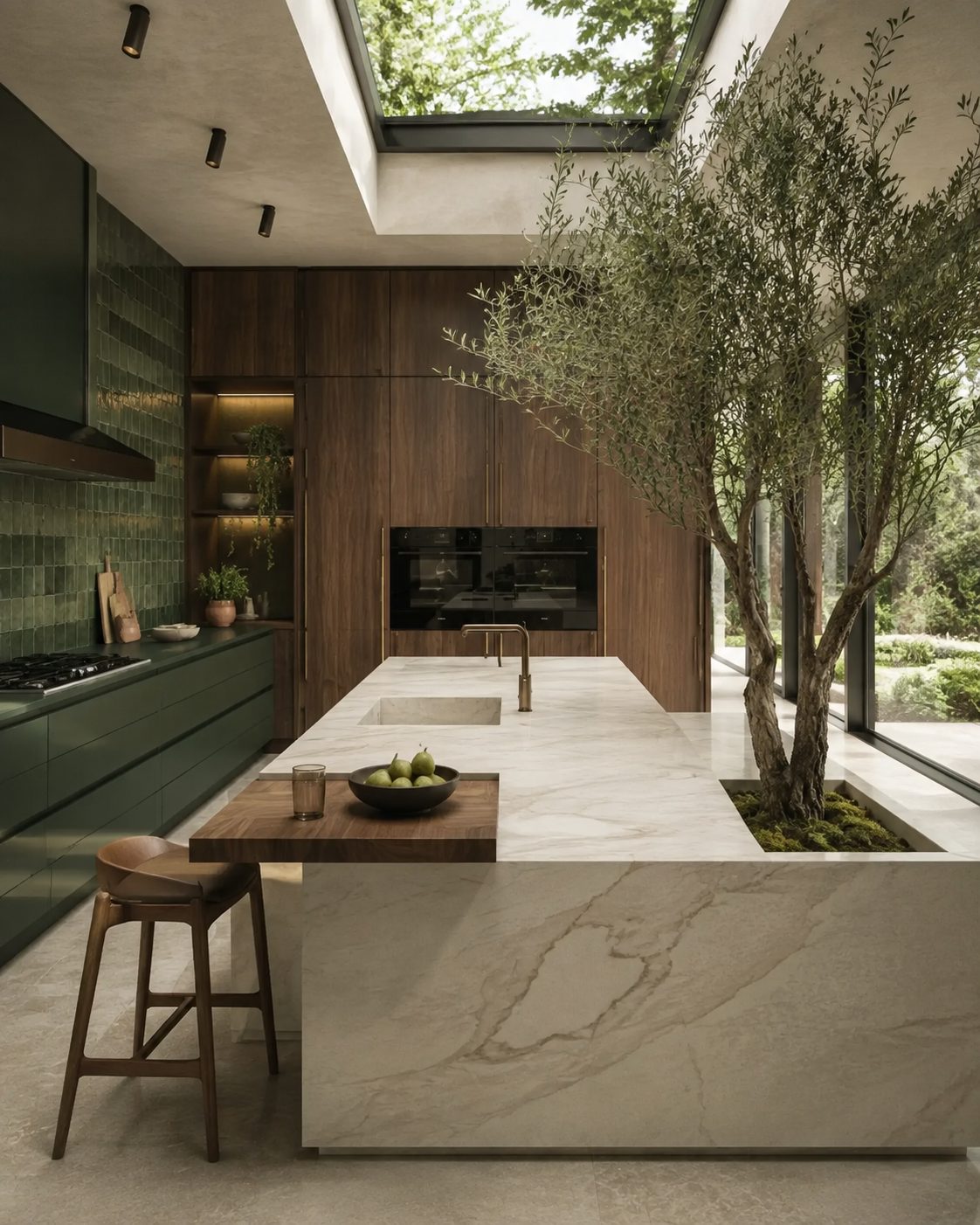 Cocina abierta a patio con olivo e isla de piedra