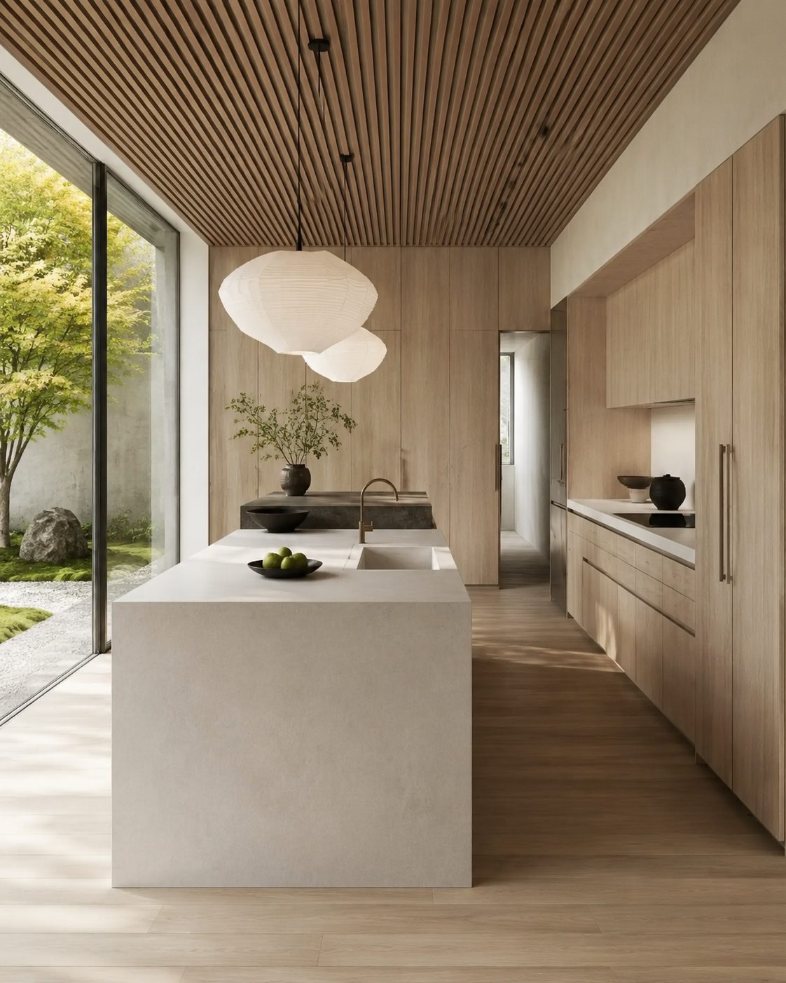 Cocina con isla de piedra y techo de listones de madera