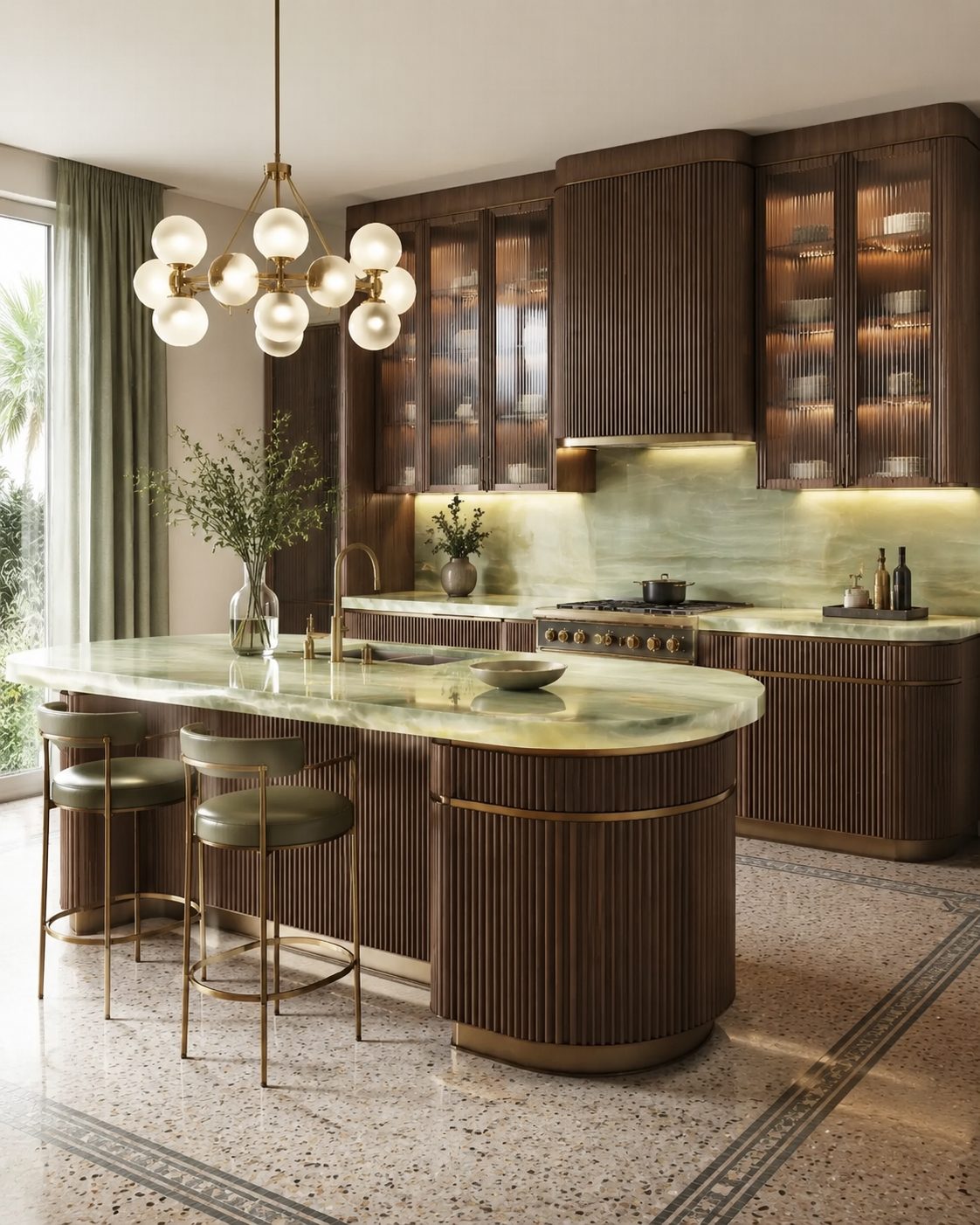 Cocina clásica en verde con vitrinas iluminadas y encimera de piedra
