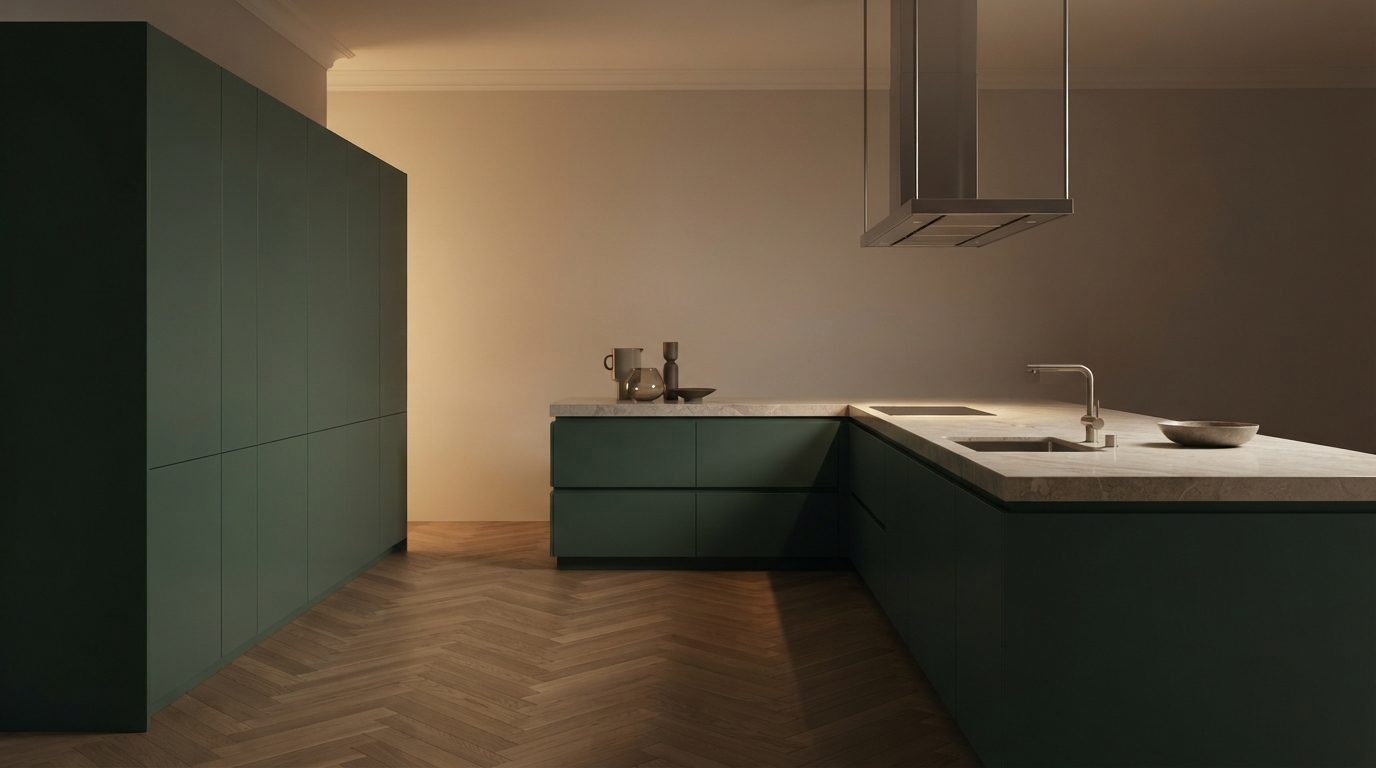 Cocina en verde oscuro con encimera de piedra