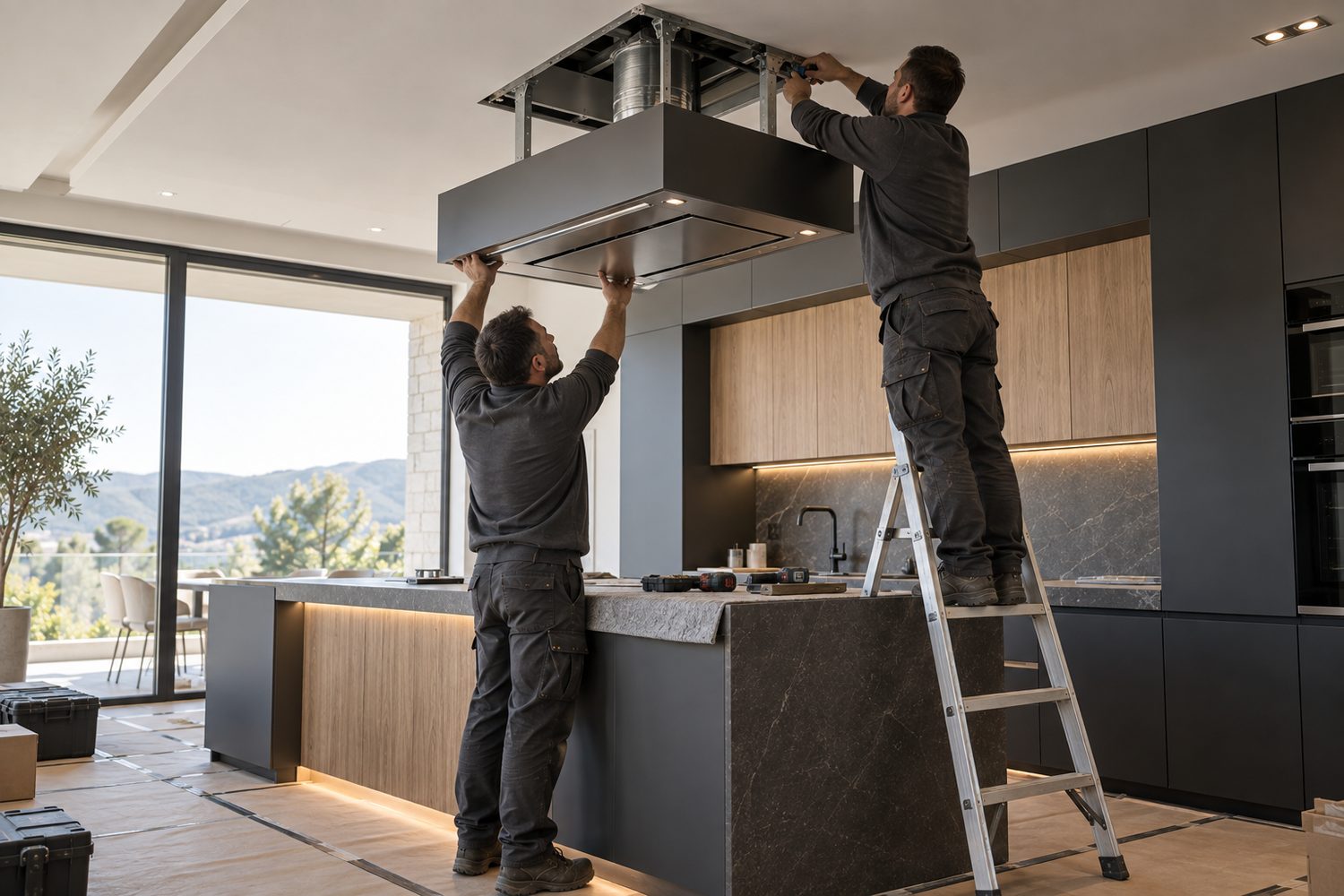 Montadores instalando una campana de techo sobre una isla de cocina