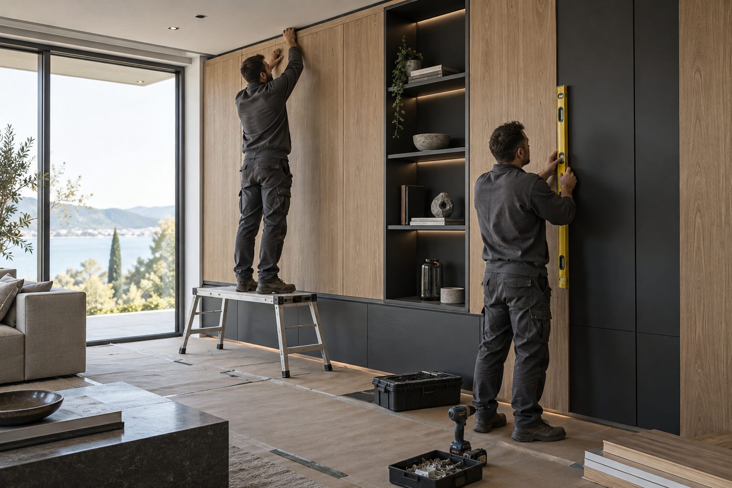 Montadores instalando un panelado de pared con librería integrada