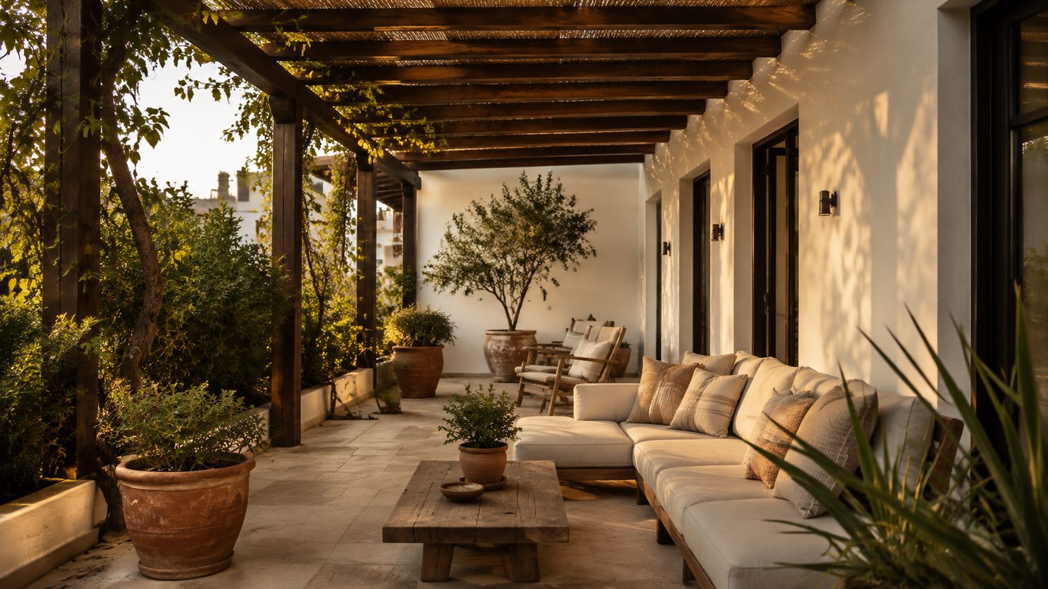 Mobiliario exterior en porche con pérgola